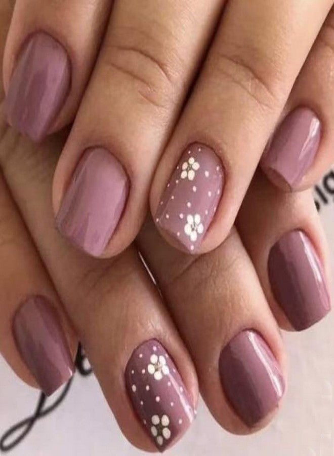 GRITOSE Short Square Press on Nail Flower Fake Nails Purple with Polka Dot designs Glossy Stick on Nail Full Cover Cute False Nails Spring Summer Glue on Nails Reusable Manicure for Women Girls 24pcs - Image 1